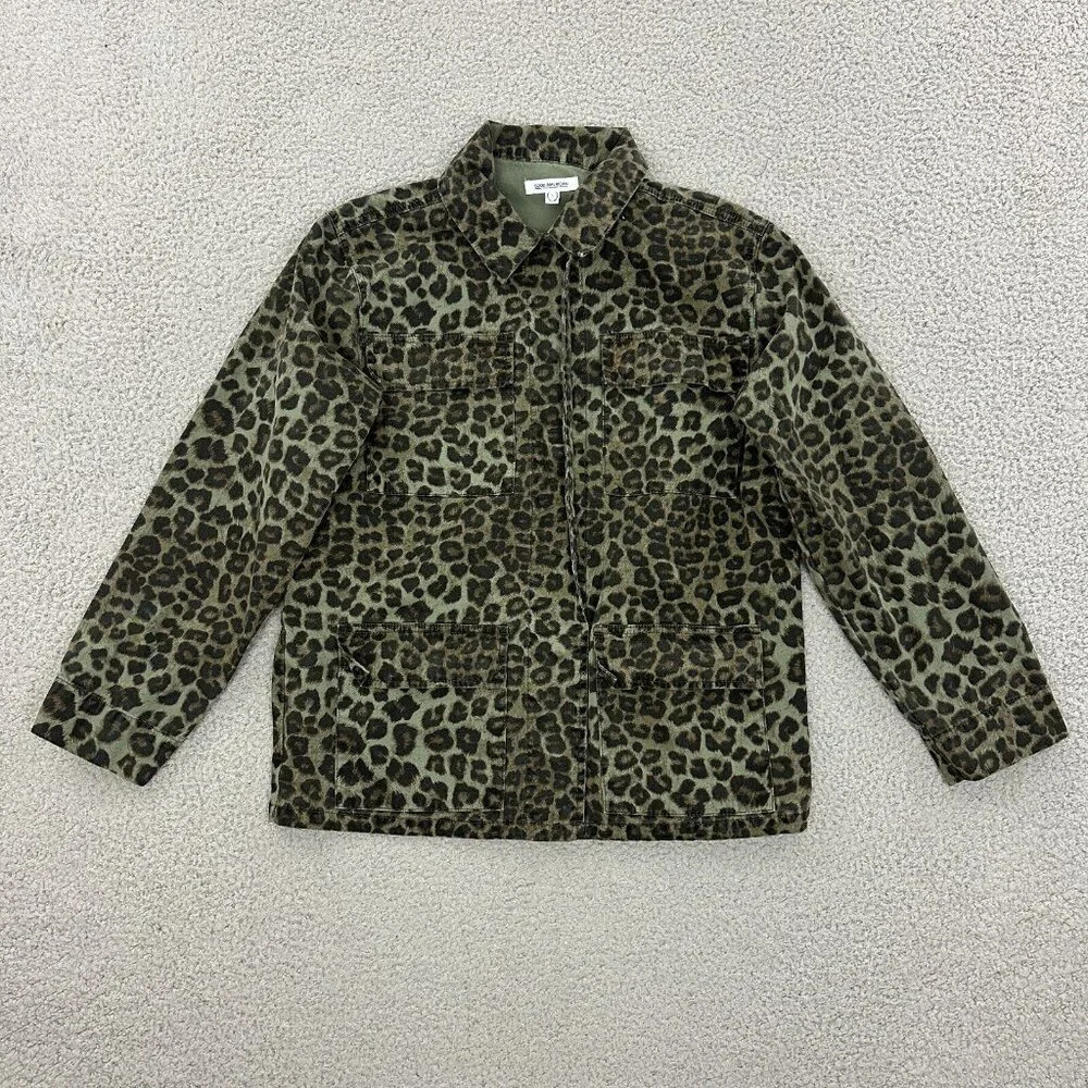 Good American Green Leopard Utility Jacket Pockets Snap Womens Size 1 Small - Picture 16 of 16